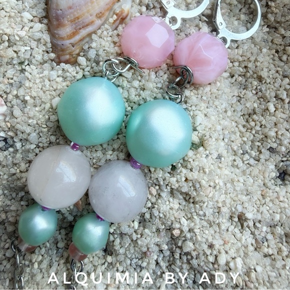 SHOULDER DUSTER EARRINGS | Mint pearls pink quartz silver X_Long CLAVICLE 🧜♀️ - Picture 2 of 4